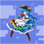 1girl bangs black_headwear blue_background blue_hair blush_stickers boots brown_footwear buttons closed_mouth clouds food frilled_skirt frills fruit grid_background hands_on_hips hat hinanawi_tenshi kumamoto_(bbtonhk2) leaf long_hair long_skirt lowres peach pixel_art rainbow_order red_eyes red_neckwear short_sleeves skirt sky smile solo star_(symbol) touhou