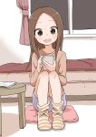  1girl :d absurdres bangs bed blue_shorts blush brown_eyes brown_hair brown_legwear brown_shirt cellphone commentary_request curtains forehead highres holding holding_phone indoors karakai_jouzu_no_takagi-san knees_up long_hair long_sleeves no_shoes official_art open_mouth parted_bangs phone shirt short_shorts shorts sitting smile socks solo striped striped_legwear table takagi-san window yamamoto_souichirou 