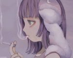  1girl bangs clouds crescent_moon highres kapura long_hair moon original profile purple_hair purple_theme signature smoke smoking solo 