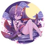  1girl :q barefoot clouds cup eyebrows_visible_through_hair eyes_visible_through_hair fate/grand_order fate_(series) flat_chest full_body full_moon hair_between_eyes highres horns japanese_clothes kimono legs looking_at_viewer mmhomm moon oni oni_horns purple_hair purple_kimono sakazuki short_hair shuten_douji_(fate/grand_order) solo tongue tongue_out violet_eyes 