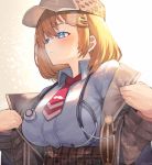  1girl absurdres blonde_hair blue_eyes breasts coat deerstalker hat high-waist_skirt highres hololive hololive_english large_breasts monocle_hair_ornament necktie neshia_(tsaqif0309) parted_lips removing_jacket skirt solo stethoscope sweat upper_body virtual_youtuber watson_amelia 