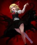  1girl ascot black_skirt black_vest blonde_hair fingernails glowing glowing_eyes hair_ornament hand_up horror_(theme) inishie_kumo juliet_sleeves long_sleeves looking_at_viewer monster nail_polish puffy_sleeves red_background red_eyes red_nails red_neckwear rumia shirt short_hair simple_background skirt smile solo tentacles tongue tongue_out touhou vest white_shirt 