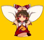  1girl armpits arms_up bangs blush bow brown_hair cravat cropped_torso detached_sleeves dot_mouth hair_bow hair_tubes hakurei_reimu long_hair looking_at_viewer midriff mota red_bow red_eyes red_skirt ringed_eyes sarashi simple_background skirt solo touhou upper_body wide_sleeves yellow_background yellow_neckwear 