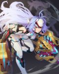  2girls android bare_shoulders breasts energy_weapon forehead_protector gloves grey_background highres hwoking kos-mos_re: leaning_forward long_hair looking_at_viewer medium_breasts multiple_girls red_eyes scythe simple_background solo_focus thigh-highs very_long_hair violet_eyes weapon xenoblade_chronicles_(series) xenoblade_chronicles_2 xenosaga 