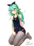  :o black_legwear blue_neckwear blue_ribbon blue_swimsuit breasts brown_legwear collarbone competition_school_swimsuit competition_swimsuit eureka_(eureka-0075) green_eyes green_hair hair_between_eyes hair_ornament hair_ribbon hairclip kantai_collection long_hair looking_at_viewer no_shoes one-piece_swimsuit pantyhose pantyhose_under_swimsuit ponytail ribbon shiny shiny_clothes sitting small_breasts swimsuit thighband_pantyhose thighs yamakaze_(kantai_collection) 