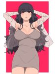  1girl arms_up bangs black_hair blunt_bangs blush breasts dress eyebrows_visible_through_hair grey_dress highres large_breasts long_hair long_sleeves nakta open_mouth original see-through sidelocks simple_background sleeveless sleeveless_dress solo two-tone_background violet_eyes 