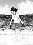  1girl barefoot beach greyscale holding holding_shoes horizon loafers looking_at_viewer mattaku_mousuke monochrome ocean original outdoors shoes shoes_removed short_hair solo twitter_username walking watermark 