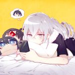  6_(yuchae) after_bathing ahoge bangs bed_sheet black_hair blue_eyes blue_hair blush bronya_zaychik cellphone character_doll crossed_bangs drill_hair grey_eyes grey_hair holding holding_phone honkai_(series) honkai_impact_3rd long_hair lying multicolored_hair on_bed on_stomach phone red_eyes redhead seele_(alter_ego) seele_vollerei short_sleeves sidelocks smartphone smile spoken_character thought_bubble towel towel_around_neck two-tone_hair wet wet_hair yellow_background 