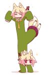  1girl ^_^ animal_ear_fluff animal_ears arms_up bangs bell bell_collar blonde_hair blush brown_collar brown_footwear closed_eyes collar eyebrows_visible_through_hair fox_ears fox_girl fox_tail full_body green_shirt hair_between_eyes hair_bun hair_ornament handstand highres jingle_bell kemomimi-chan_(naga_u) long_hair long_sleeves naga_u orange_neckwear original pleated_skirt purple_skirt ribbon-trimmed_legwear ribbon_trim sailor_collar shadow shirt sidelocks skirt sleeves_past_fingers sleeves_past_wrists solo sparkle tail thigh-highs v-shaped_eyebrows violet_eyes white_background white_legwear white_sailor_collar 