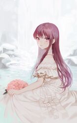  1girl absurdres bouquet closed_mouth crying crying_with_eyes_open dress flower from_side highres long_hair looking_at_viewer looking_to_the_side original oyabuli pink_flower pink_rose red_eyes redhead rock rose short_sleeves sitting solo tears water waterfall white_dress 