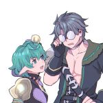  1boy 1girl belt breasts coat fingerless_gloves glasses gloves green_hair grey_hair hat lobsterbaby99 mini_hat mini_top_hat multiple_belts opaque_glasses open_clothes open_coat open_mouth pandoria_(xenoblade) pectorals pointy_ears round_eyewear short_hair silver_hair top_hat upper_body upper_teeth xenoblade_chronicles_(series) xenoblade_chronicles_2 zeke_von_genbu_(xenoblade) 