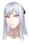  1girl ak-12_(girls_frontline) artificial_eye bangs black_ribbon braid collarbone commentary_request expressionless eyebrows_visible_through_hair girls_frontline hair_ribbon kageshio_(276006) lips long_hair mechanical_eye pink_eyes ponytail ribbon sidelocks silver_hair solo upper_body very_long_hair 