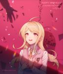  1girl ahoge akamatsu_kaede artist_name bangs blonde_hair breasts character_name commentary_request dangan_ronpa dated eighth_note ewa_(seraphhuiyu) hair_ornament happy_birthday highres large_breasts long_hair long_sleeves looking_up musical_note musical_note_hair_ornament necktie new_dangan_ronpa_v3 open_mouth pink_sweater_vest shirt smile solo_focus sweater_vest upper_body upper_teeth white_shirt 