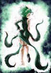  1girl absurdres ass black_footwear bleeding blood closed_mouth dress floating_hair from_behind green_dress green_hair green_theme highres looking_at_viewer looking_back one-punch_man parted_lips shoes short_hair sideways_glance single_shoe skin_tight solo tatsumaki the_golden_smurf 