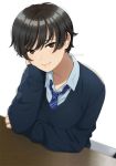  1girl black_hair blurry brown_eyes depth_of_field light_smile looking_at_viewer mattaku_mousuke necktie original school_uniform short_hair sleeves_past_wrists solo twitter_username watermark white_background 