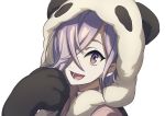  :d animal_costume character_request copyright_request cosplay hair_over_one_eye kigurumi looking_at_viewer open_mouth panda_costume purple_hair sayshownen smile solo violet_eyes white_background 