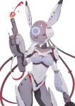  1girl :o ahoge animal_ears arm_cannon armor bodysuit contrapposto covered_navel cyborg fake_animal_ears helmet highres huang_(volt0526) joints punishing:_gray_raven red_eyes robot_joints science_fiction shoulder_armor solo weapon white_background white_hair 
