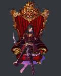  1girl alice:_madness_returns american_mcgee&#039;s_alice black_hair blood boots chair grey_background highres knife long_hair looking_at_viewer petticoat pigeon666 solo striped striped_legwear throne weapon 