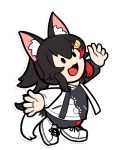  1girl :3 :d animal_ear_fluff animal_ears black_hair chibi hair_ornament hairclip highlights hololive hood hoodie kagelantern long_hair looking_up multicolored_hair ookami_mio open_mouth outline paw_print redhead shoes smile sneakers solo streaked_hair tail transparent_background virtual_youtuber white_outline wolf_ears wolf_girl wolf_tail 