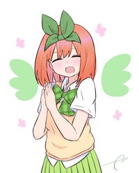  1girl :d ^_^ bangs blush bow breasts closed_eyes collared_shirt commentary_request drawn_wings eyebrows_behind_hair facing_viewer go-toubun_no_hanayome green_bow green_ribbon green_skirt hair_between_eyes hair_ribbon hands_together hands_up highres kujou_karasuma medium_breasts nakano_yotsuba open_mouth orange_hair own_hands_together palms_together pleated_skirt ribbon shirt short_sleeves signature simple_background skirt smile solo sweater_vest white_background white_shirt 