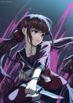  1girl absurdres bangs black_hair blunt_bangs clenched_hand clenched_teeth collarbone commentary_request dangan_ronpa ewa_(seraphhuiyu) facing_viewer floating_hair hair_ornament hair_scrunchie hairclip harukawa_maki highres holding holding_knife knee_up knife long_hair looking_to_the_side mole mole_under_eye new_dangan_ronpa_v3 pink_blood red_eyes red_scrunchie scar school_uniform scrunchie serafuku shirt skirt solo teeth twintails twitter_username v-shaped_eyebrows very_long_hair 