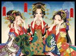  3girls bird black_eyes black_hair covering_ears covering_eyes covering_mouth floral_print geisha hair_ornament japanese_clothes kanzashi kimono lipstick long_hair looking_at_viewer makeup multiple_girls nekozuki_yuki nihonga nihongami oiran original peacock three_monkeys translated ukiyo-e yellow_eyes 