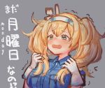  1girl blonde_hair blue_eyes blue_shirt bokukawauso breast_pocket breasts collared_shirt commentary gambier_bay_(kantai_collection) gloves grey_background hairband kantai_collection large_breasts long_hair looking_at_viewer multicolored multicolored_clothes multicolored_gloves pocket shirt simple_background solo translated twintails upper_body wss_(nicoseiga19993411) 