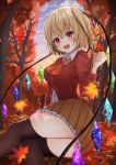  1girl autumn_leaves bat_wings black_legwear blonde_hair blush breasts brown_neckwear brown_skirt buttons center_frills clenched_hand clouds collared_shirt crystal ekidona falling_leaves flandre_scarlet frilled_skirt frills leaf long_hair long_sleeves maple_leaf medium_breasts older one_side_up open_mouth outdoors partially_unbuttoned pleated_skirt red_eyes red_vest shirt side_ponytail sitting_on_ground skirt sky smile solo sunset thigh-highs touhou tree vest white_shirt wings 