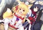  animal_ear_fluff animal_ears bangs bare_shoulders black_hair blonde_hair blue_eyes collarbone dutch_angle eyebrows_visible_through_hair fang fox_ears fox_tail japanese_clothes kimono long_hair looking_at_viewer navel off_shoulder open_mouth original roshin short_hair sitting smile tail thigh-highs yellow_eyes 