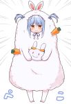  1girl :3 animal_costume animal_ears animal_hood bangs blue_hair blue_ribbon blush bow bunny_costume bunny_hood carrot closed_mouth cocytus_(wind_master) commentary commentary_request don-chan_(usada_pekora) emphasis_lines eyebrows_visible_through_hair food full_body hair_between_eyes hair_ribbon highres holding hololive hood looking_at_viewer orange_eyes rabbit_ears rabbit_girl ribbon simple_background smile translated twintails usada_pekora virtual_youtuber white_background 
