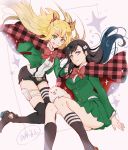 2girls black_hair black_legwear black_shorts bleach blonde_hair bow bowtie burn_the_witch character_request dress_shirt floating_hair green_eyes green_jacket green_skirt grin hara_hikaru jacket kneehighs long_hair long_sleeves looking_at_viewer miniskirt multiple_girls open_clothes open_jacket plaid_capelet pleated_skirt red_bow red_neckwear school_uniform shiny shiny_hair shirt short_shorts shorts skirt smile suspender_shorts suspenders thigh-highs thigh_strap twintails very_long_hair white_shirt