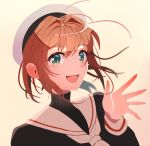  1girl antenna_hair brown_hair cardcaptor_sakura green_eyes hat highres kinomoto_sakura looking_at_viewer open_mouth sailor_collar sailor_hat school_uniform short_hair simple_background smile solo takamizo turtleneck upper_body waving 