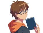  1boy bangs black-framed_eyewear book brown_hair closed_mouth commentary_request expressionless glasses holding holding_book hood hood_down hoodie looking_at_viewer male_focus sayshownen short_hair simple_background solo upper_body white_background 
