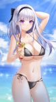  1girl absurdres arm_up armpits azur_lane bangs bare_arms bare_shoulders bikini black_bow black_hairband blue_sky blunt_bangs blush bow breasts closed_mouth clouds commentary_request cowboy_shot day dido_(azur_lane) eyelashes groin hair_bow hairband halter_top halterneck highres holding large_breasts long_hair looking_at_viewer micro_bikini midriff multi-strapped_bikini navel nersiyan ocean outdoors ribbon rock side-tie_bikini silver_hair skindentation sky solo standing stomach strap_gap swimsuit under_boob violet_eyes water 