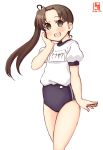  1girl alternate_costume artist_logo ayanami_(kantai_collection) black_buruma blush brown_eyes brown_hair buruma commentary_request cowboy_shot dated gym_uniform hands_on_own_face highres kanon_(kurogane_knights) kantai_collection long_hair looking_at_viewer name_tag open_mouth side_ponytail simple_background smile solo white_background 
