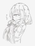  1girl alastor1211 blush commentary_request cyclops grey_background greyscale hair_ornament hair_scrunchie holding holding_hair jacket long_hair looking_at_viewer monochrome one-eyed original scrunchie simple_background sketch smile solo upper_body very_long_hair 