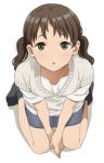  1girl :o blurry brown_hair cardigan denim denim_skirt depth_of_field green_eyes looking_at_viewer looking_up mattaku_mousuke original sitting skirt solo twintails twitter_username wariza watermark white_background 