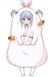  1girl :3 animal_costume animal_ears animal_hood bangs blue_hair blue_ribbon blush bow bunny_costume bunny_hood carrot closed_mouth cocytus_(wind_master) commentary commentary_request don-chan_(usada_pekora) eyebrows_visible_through_hair food full_body hair_between_eyes hair_ribbon highres holding hololive hood looking_at_viewer orange_eyes rabbit_ears rabbit_girl ribbon simple_background smile twintails usada_pekora virtual_youtuber white_background 