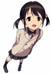  1girl :d arms_behind_back black_eyes black_hair black_legwear character_request copyright_request dog_hair_ornament foreshortening highres kneehighs loafers necktie open_mouth sayshownen school_uniform shoes short_twintails smile solo twintails white_background 