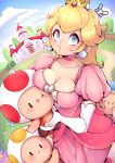  1girl blonde_hair blue_eyes blue_sky breasts castle crown dress elbow_gloves eyelashes gloves highres looking_at_viewer super_mario_bros. medium_breasts mini_crown niucniuc o3o pink_dress princess_peach sky standing toad white_gloves 