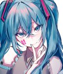  1girl bare_shoulders blue_eyes blue_hair blue_nails blue_neckwear close-up commentary eyebrows_visible_through_hair eyelashes eyes_visible_through_hair face facepaint finger_to_mouth fingernails ggatip grey_shirt hair_between_eyes hatsune_miku head_tilt highres light_smile long_hair looking_at_viewer necktie number portrait shaded_face shirt simple_background sleeveless sleeveless_shirt solo twintails vocaloid white_background 