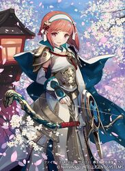  1girl arm_shield armor armored_skirt arrow_(projectile) bangs breastplate capelet cherry_blossoms elbow_gloves fingerless_gloves fire_emblem fire_emblem_cipher fire_emblem_fates gloves hair_ornament hairband japanese_armor japanese_clothes kawasumi_mahiro outdoors pink_eyes pink_hair sakura_(fire_emblem) shoulder_armor smile yumi_(bow) 