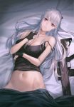  1girl ak-12_(girls_frontline) blush breasts girls_frontline gloves highres long_hair looking_at_viewer lying ribbon ritta_(abmnoworld) silver_hair smile solo very_long_hair violet_eyes weapon 