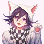  1boy animal_hood bangs cat_hood checkered checkered_scarf commentary_request dangan_ronpa ewa_(seraphhuiyu) fangs gloves hair_between_eyes highres hood looking_at_viewer male_focus new_dangan_ronpa_v3 open_mouth ouma_kokichi paw_gloves paws pink_eyes portrait purple_hair scarf smile solo upper_body violet_eyes 