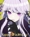  1girl bangs black_gloves black_ribbon braid commentary_request dangan_ronpa dangan_ronpa_1 gloves hair_ribbon happy_birthday highres jacket kirigiri_kyouko long_hair lower_teeth necktie nekoma_hikaru open_mouth purple_hair purple_jacket ribbon shirt smile solo violet_eyes white_shirt 