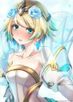  1girl bare_shoulders blonde_hair blue_eyes blue_hair blush crown dress earrings fire_emblem fire_emblem_heroes fjorm_(fire_emblem) flower gold_trim gradient_hair hair_flower hair_ornament highres jewelry mildmild1311 multicolored_hair open_mouth smile two-tone_hair wedding_dress white_veil 