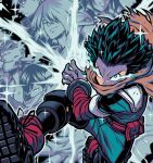 6+boys belt bishounen bodysuit boku_no_hero_academia character_request commentary fantasy gloves green_bodysuit green_eyes green_hair incoming_attack long_sleeves looking_at_viewer lydart_mclo male_focus mask midoriya_izuku multiple_boys scarf short_hair solo_focus sparkle spiky_hair symbol-only_commentary utility_belt white_gloves