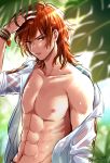  1boy abs arm_at_side backlighting bangs bare_shoulders blurry bracelet chest day depth_of_field flipped_hair granblue_fantasy hand_in_hair hand_on_own_head highres jewelry long_sleeves looking_at_viewer male_focus medium_hair navel nipples off_shoulder open_clothes open_shirt orange_hair palm_leaf parted_lips percival_(granblue_fantasy) red_eyes redhead see-through shirt sidelocks sleeves_rolled_up solo tyyni upper_body wet wet_clothes wet_hair wet_shirt white_shirt 