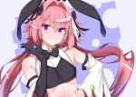  1boy animal_ears astolfo_(fate) astolfo_(saber)_(fate) black_bow black_neckwear bow bowtie eyebrows_visible_through_hair eyes_visible_through_hair fate/grand_order fate_(series) hair_bow heart highres husun_wei long_hair looking_at_viewer male_focus multicolored_hair otoko_no_ko pink_eyes pink_hair rabbit_ears smile solo streaked_hair twintails upper_body white_hair 