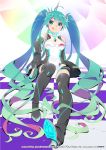  1girl :p antenna_hair aqua_eyes aqua_hair black_footwear black_gloves boots checkered checkered_floor copyright_name eyebrows_visible_through_hair full_body gloves goodsmile_company goodsmile_racing hair_between_eyes hatsune_miku high_heel_boots high_heels holding leotard long_hair looking_at_viewer official_art on_floor racequeen racing_miku racing_miku_(2011) sitting smile solo thigh-highs thigh_boots tongue tongue_out twintails very_long_hair vocaloid watanabe_akio watermark 